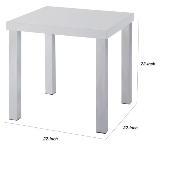 Square Wooden End Table with Straight Metal Legs, White and Chrome