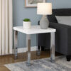 Square Wooden End Table with Straight Metal Legs, White and Chrome