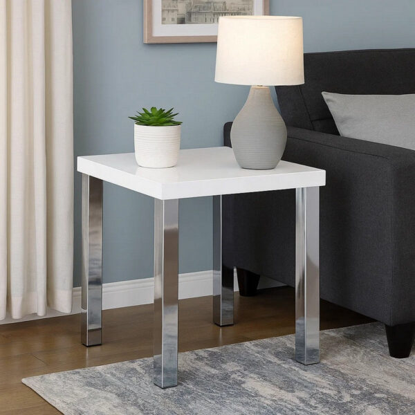 Square Wooden End Table with Straight Metal Legs, White and Chrome