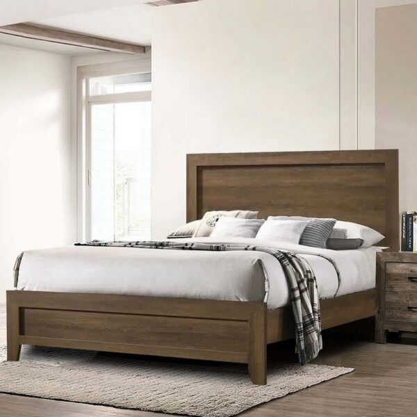 Transitional Style Wooden Eastern King Bed with Raised Molding Trim, Brown