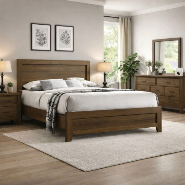 Transitional Style Wooden Eastern King Bed with Raised Molding Trim, Brown