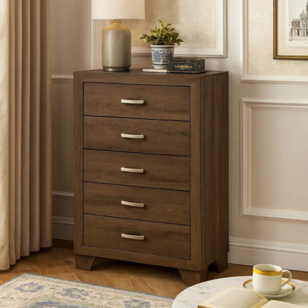 Transitional Style Wooden Chest with 2 Drawers and Metal Handles, Brown