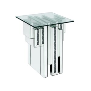Glass Top End Table with Mirror Panels and Faux Gemstone Accents, Silver