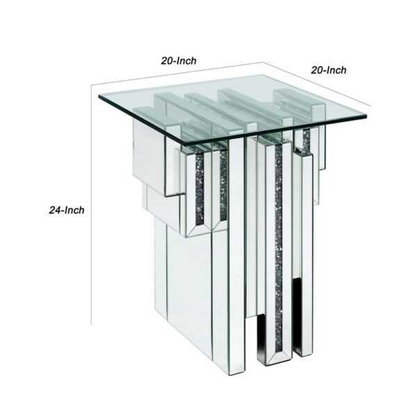 Glass Top End Table with Mirror Panels and Faux Gemstone Accents, Silver