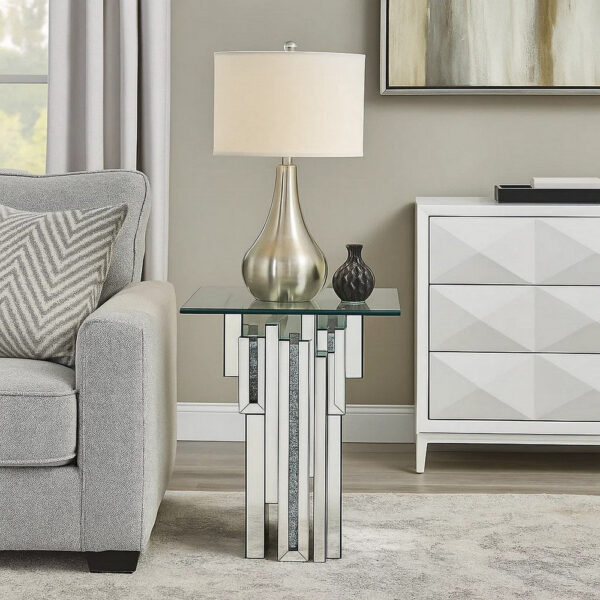 Glass Top End Table with Mirror Panels and Faux Gemstone Accents, Silver