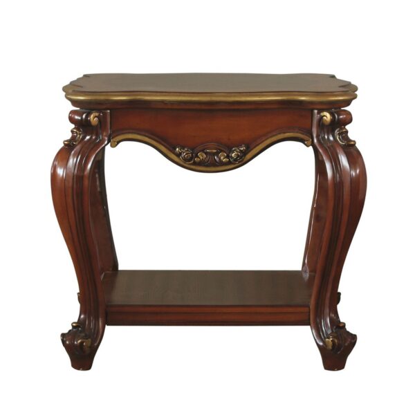 Wooden End Table with Open Bottom Shelf and Carved Details, Brown