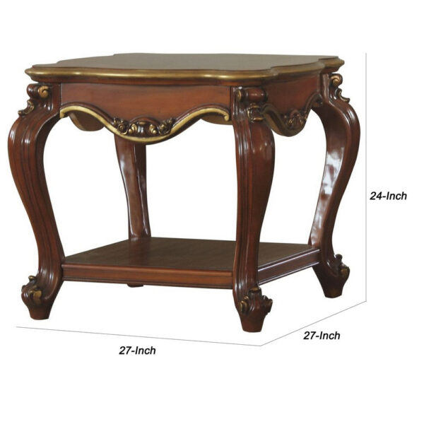 Wooden End Table with Open Bottom Shelf and Carved Details, Brown