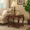 Wooden End Table with Open Bottom Shelf and Carved Details, Brown