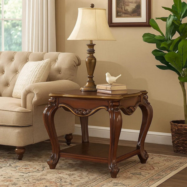 Wooden End Table with Open Bottom Shelf and Carved Details, Brown