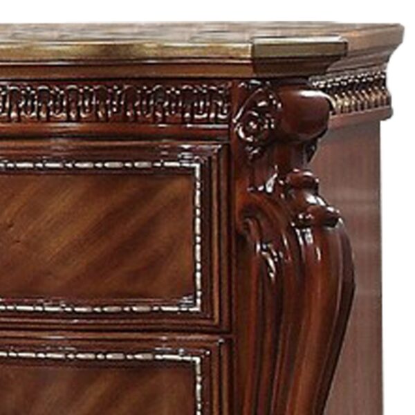 1502202669914f345939b.jpeg 2 Drawer Wooden Nightstand with Metal Knobs and Carved Details, Brown