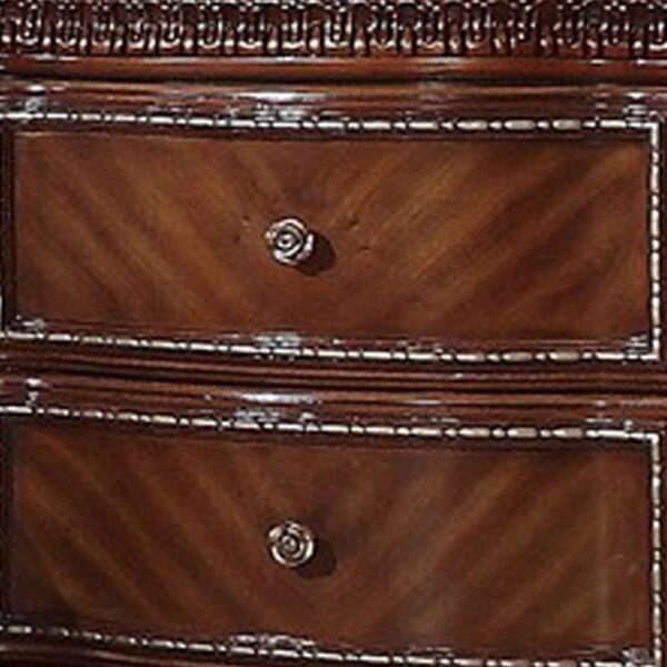 1502202669914f3da689f.jpeg 2 Drawer Wooden Nightstand with Metal Knobs and Carved Details, Brown