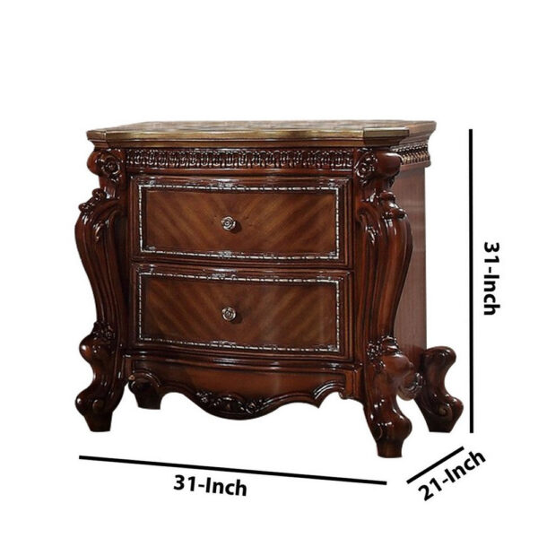 1502202669914f4f342c6.jpeg 2 Drawer Wooden Nightstand with Metal Knobs and Carved Details, Brown