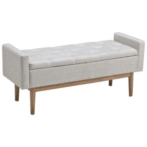 Tufted Fabric Storage Bench with Low Profile Elevated Arms, Light Gray