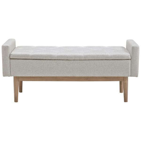 Tufted Fabric Storage Bench with Low Profile Elevated Arms, Light Gray