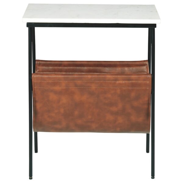 Marble Top Accent Table with Faux Leather Swing Holder, White and Brown