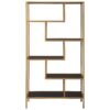 Metal Frame Bookcase with 5 Tiered Display Glass Shelves, Gold and Black