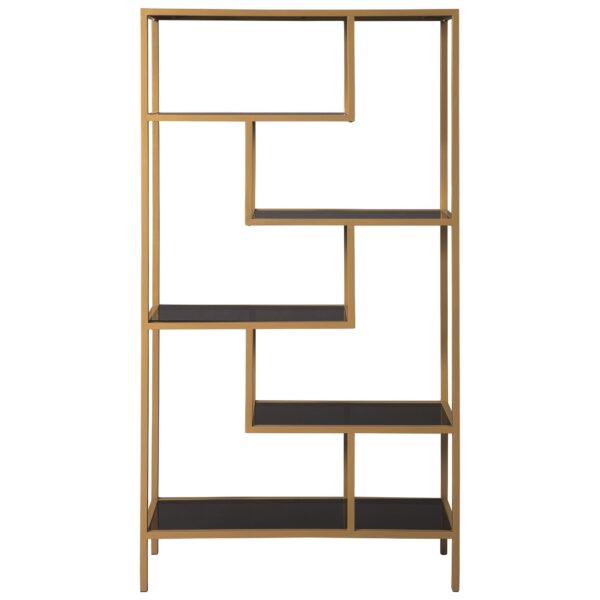 Metal Frame Bookcase with 5 Tiered Display Glass Shelves, Gold and Black