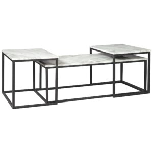 3 Piece Occasional Table, Metal Frame, Marble Top, White and Black