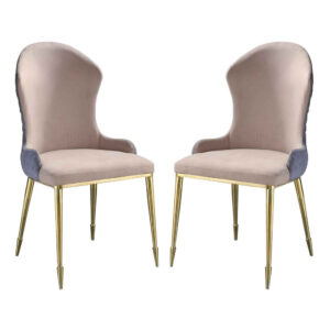 Fabric Upholstered Side Chair with Spindle Legs, Set of 2, Beige and Gold