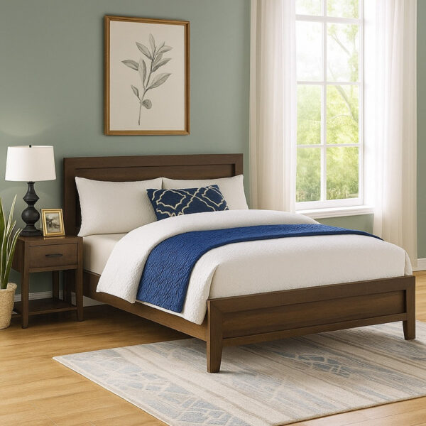Wooden Queen Bed with Molded Trim Headboard and Chamfered Legs, Brown