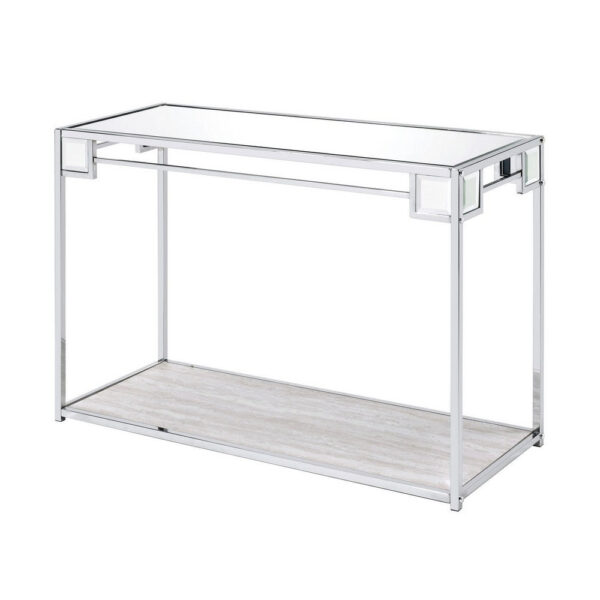 15022026699150cea5961.jpeg Mirror Top Metal Console Table with Wooden Open Bottom Shelf, Silver