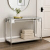 15022026699150dbbf30f.jpeg Mirror Top Metal Console Table with Wooden Open Bottom Shelf, Silver