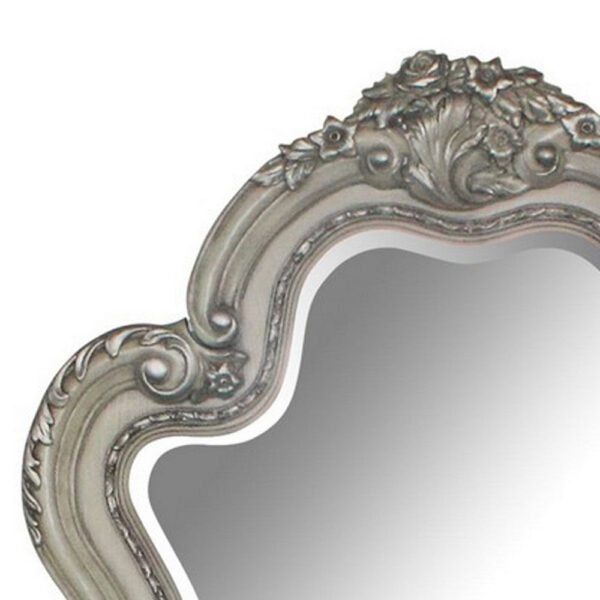 Arch Shape Wooden Frame Wall Mirror with Carved Details, Antique Silver