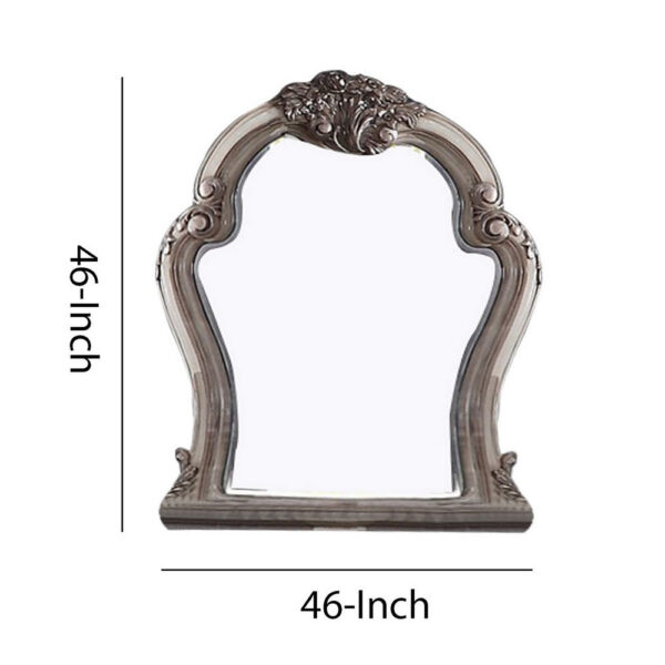 Arch Shape Wooden Frame Wall Mirror with Carved Details, Antique Silver