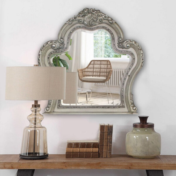 Arch Shape Wooden Frame Wall Mirror with Carved Details, Antique Silver