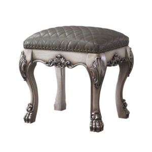 Traditional Wooden Vanity Stool with Leatherette Set and Clack Legs, Gray