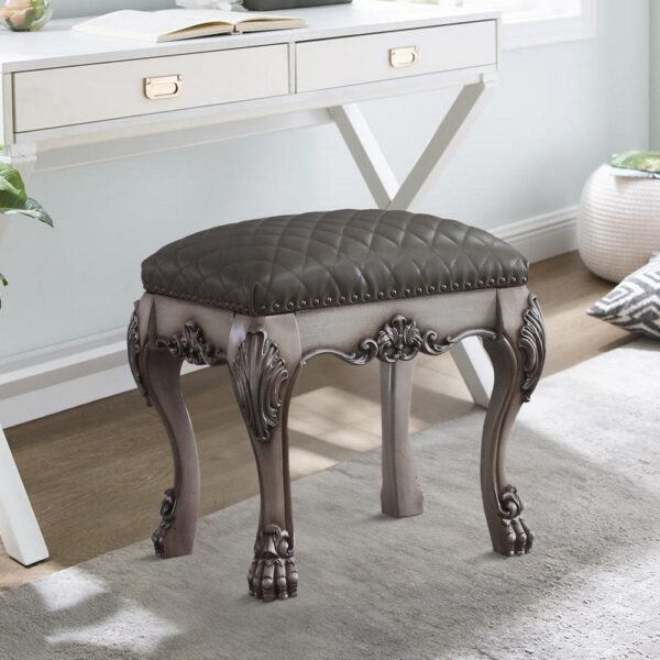 Traditional Wooden Vanity Stool with Leatherette Set and Clack Legs, Gray