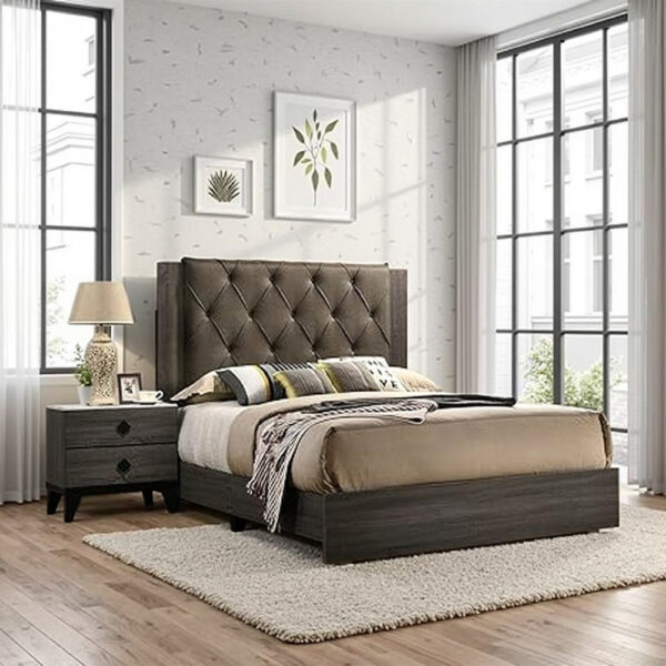 Wooden Eastern king Bed with Button Tufted Headboard, Gray and Brown