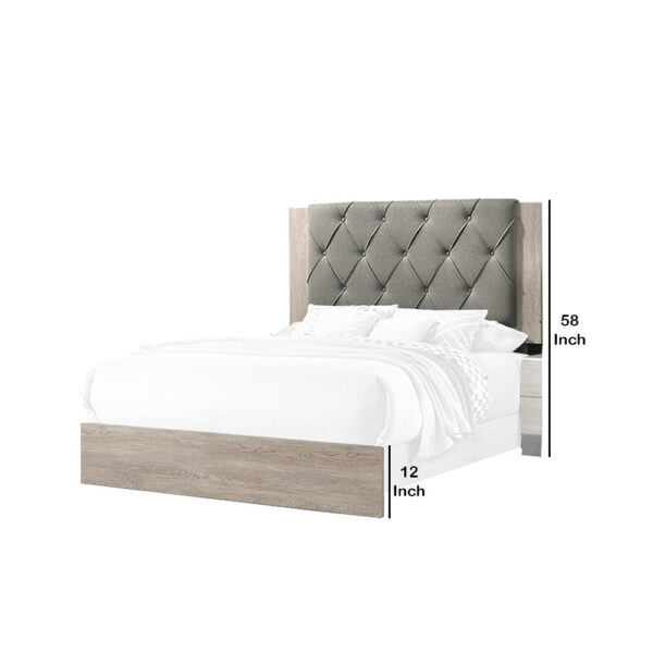 Wooden Queen Bed with Button Tufted Upholstered Headboard, Gray and Cream