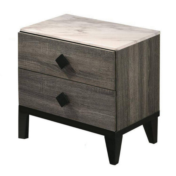 2 Drawer Wooden Nightstand with Grains and Angled Legs, Gray