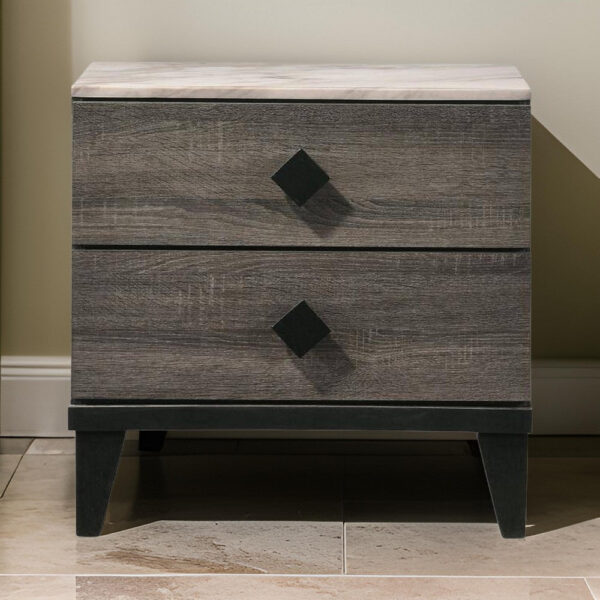 2 Drawer Wooden Nightstand with Grains and Angled Legs, Gray