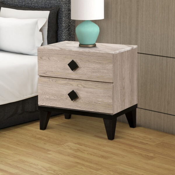 2 Drawer Wooden Nightstand with Grains and Angled Legs, Cream