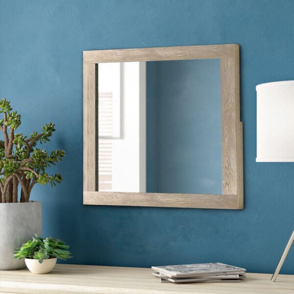 Transitional Style Grained Wood Encased Square Mirror, Cream