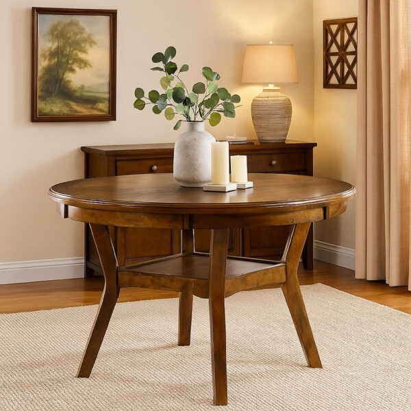 Round Top Wooden Dining Table with Boomerang Legs, Walnut Brown