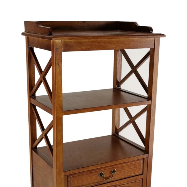 X Frame Wooden Rack with 2 Drawers and Open Shelf, Brown