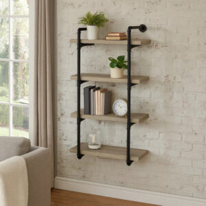15022026699155f967077.jpeg 24 Inches 4 Tier Wood and Metal Wall Shelf, Gray and Black