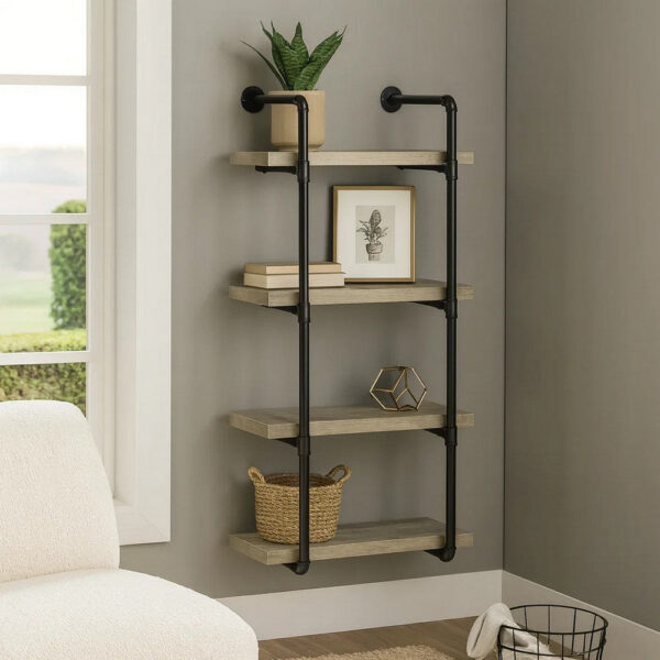 15022026699155fc4c737.jpeg 24 Inches 4 Tier Wood and Metal Wall Shelf, Gray and Black