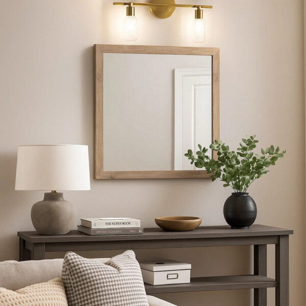 Square Shaped Wooden Mirror with Rough Hewn Texture, Brown