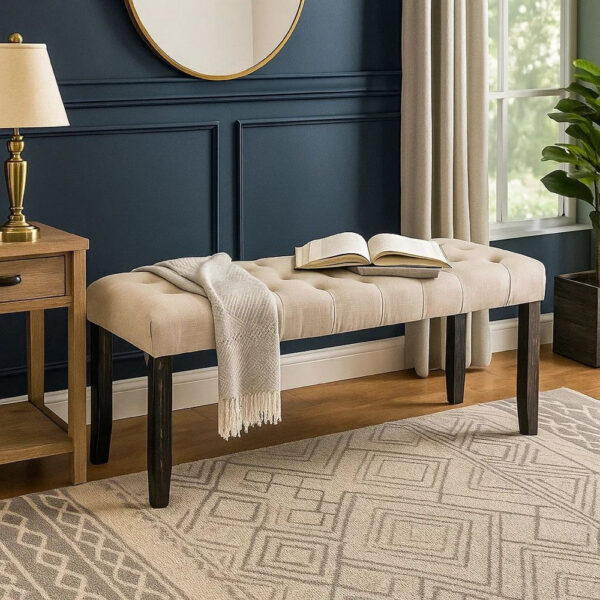 20 Inch Button Tufted Wooden Bench, Antique Black and Beige