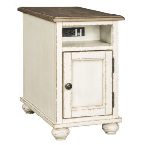 Wooden Chairside End Table with Door, Brown and Antique White