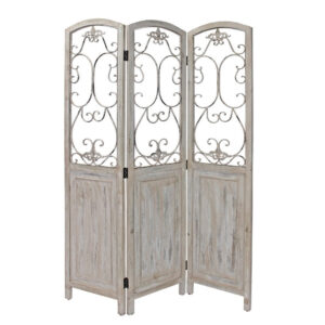 48 inch 3 Panel Screen with Metal Scrollwork, Washed Beige