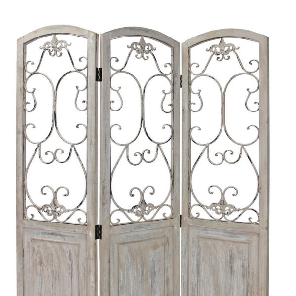 48 inch 3 Panel Screen with Metal Scrollwork, Washed Beige