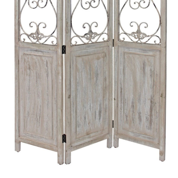 48 inch 3 Panel Screen with Metal Scrollwork, Washed Beige