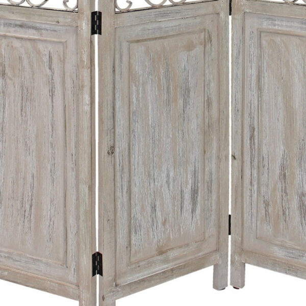 48 inch 3 Panel Screen with Metal Scrollwork, Washed Beige