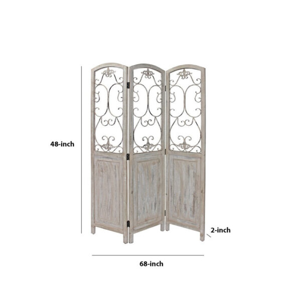 48 inch 3 Panel Screen with Metal Scrollwork, Washed Beige