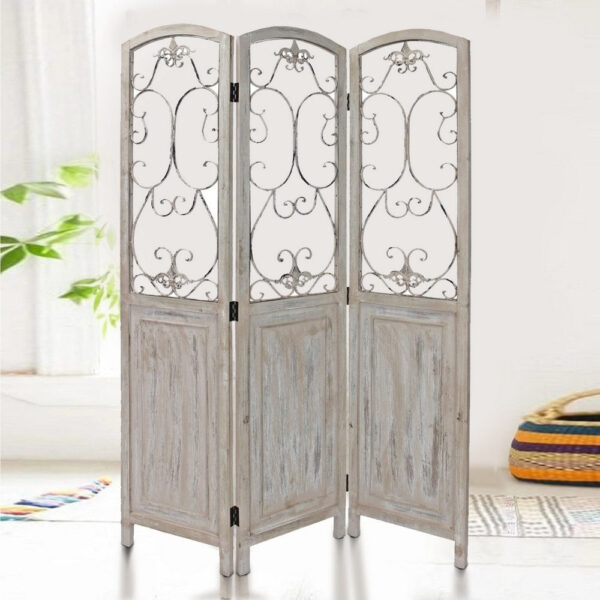 48 inch 3 Panel Screen with Metal Scrollwork, Washed Beige